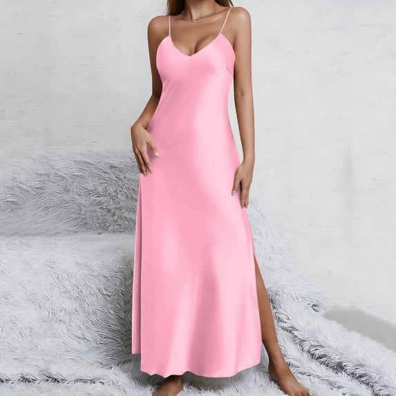 MYAOYI Dress for Women Satin Spaghetti Strap V Neck Maxi Dress, Side Slit Silky Slip Dress for Party
