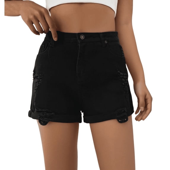 MYAOYI Jeans for Women Ripped Distressed Black Denim Shorts Mid Waist Stretchy Cuffed Edge Casual Summer Jean Shorts