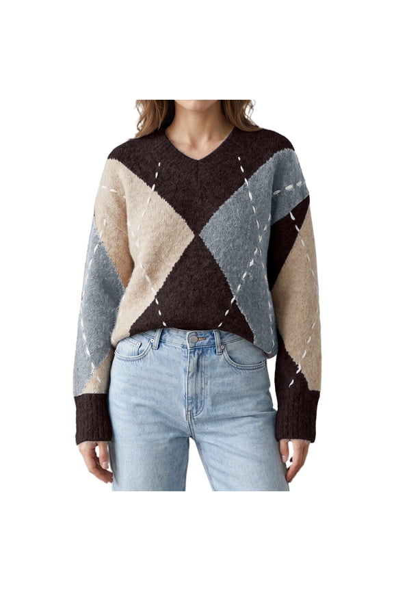Ladies Diamond Pattern V Neck Pullover Fuzzy Relaxed Fit Sweater