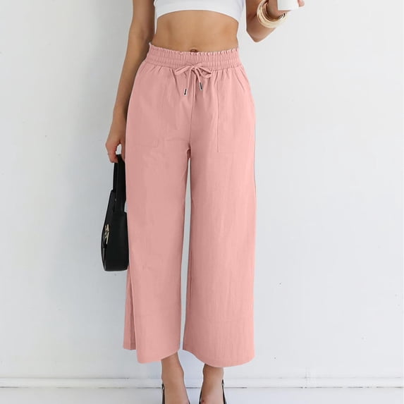 MYAOYI Leg Pants for Women no boundarie High Waist Wide Elastic Drawstring Pockets Cropped Casual