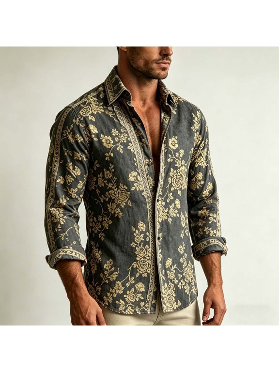 Mens Distressed Washed Boho Shirt Floral Print Long Sleeve Casual Wear