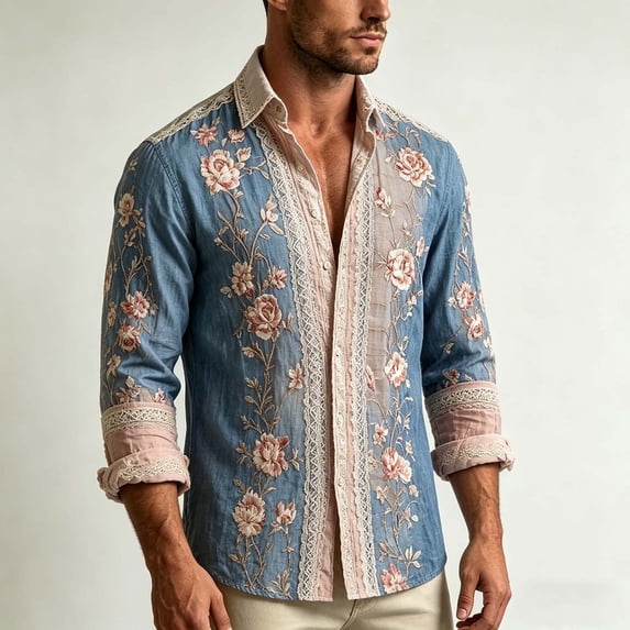 MYAOYI Mens Relaxed Fit Embroidered Shirt Long Sleeve Lapel Boho Casual Shirt