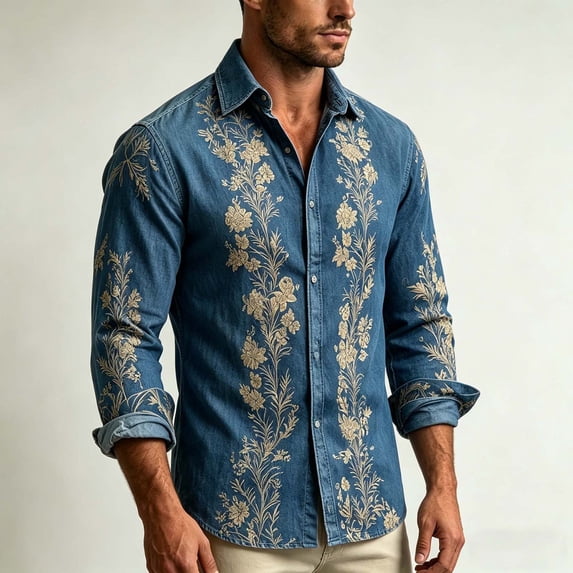 MYAOYI Mens Relaxed Fit Embroidered Shirt Long Sleeve Lapel Boho Casual Shirt