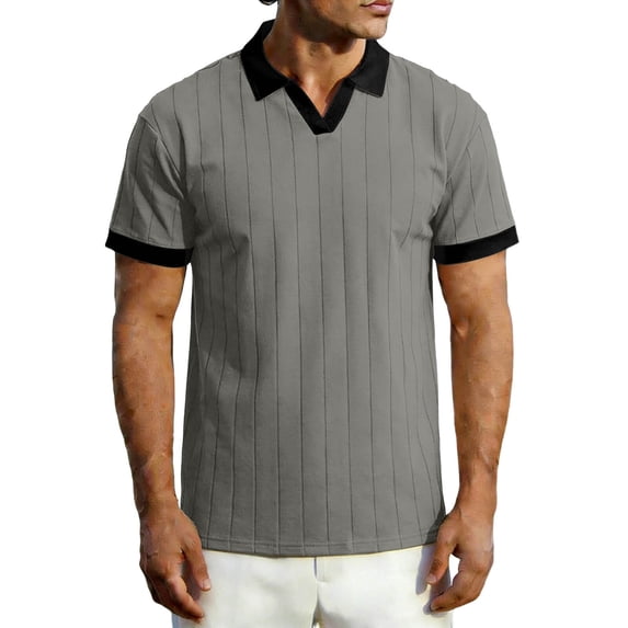 MYAOYI Mens Shirts Basic Men's V Stripe Polo, Contrast Collar Casual Textured Shirt, Value