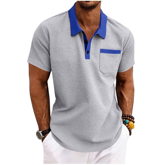 MYAOYI Mens Shirts Short Sleeve Polo Shirts, Waffle Knit Contrast Collar Breathable Comfortable Casual Tops for All Occasions