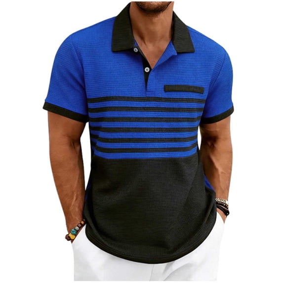 MYAOYI Mens Shirts Waffle Knit Polo Shirts, Short Sleeve Striped Casual Tops