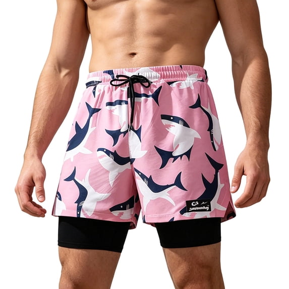 MYAOYI Mens Shorts Quick Dry 2 in 1 Running Shorts Printed Swim Trunks with Pockets