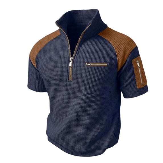 MYAOYI Mens Tops Casual Stand Collar Short Sleeve Polo Shirt Quarter Zip Waffle Knit Workwear Daily Wear Top