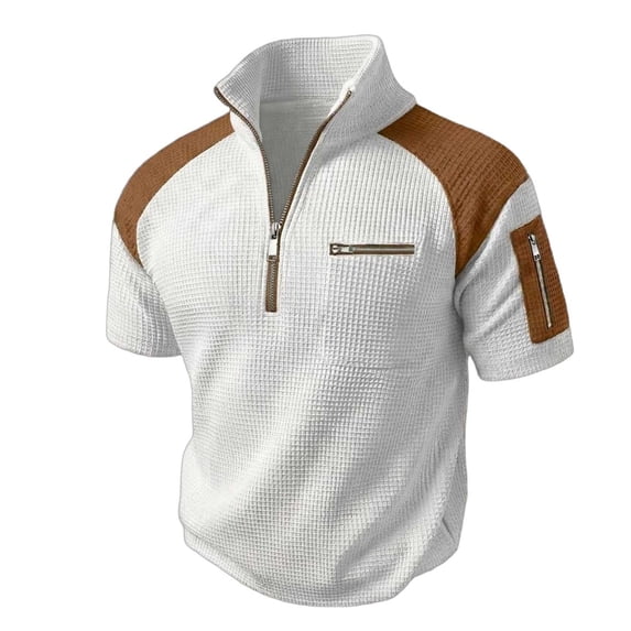 MYAOYI Mens Tops Casual Stand Collar Short Sleeve Polo Shirt Quarter Zip Waffle Knit Workwear Daily Wear Top