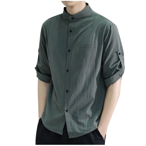MYAOYI Mens Tops Cotton Linen Mandarin Collar Shirt 3/4 Sleeve Roll Up Casual Button Down Shirt with Chest Pocket