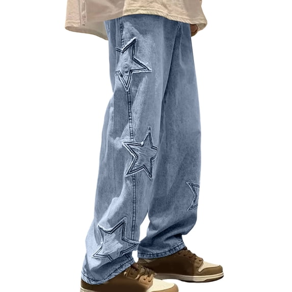 MYAOYI Mens Wide Leg Denim Pants Star Applique Baggy Skate Jeans