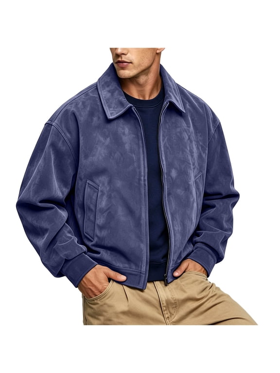 Mens Zip Up Suede Jacket Ribbed Cuffs Lapel Collar Daily Outerwear