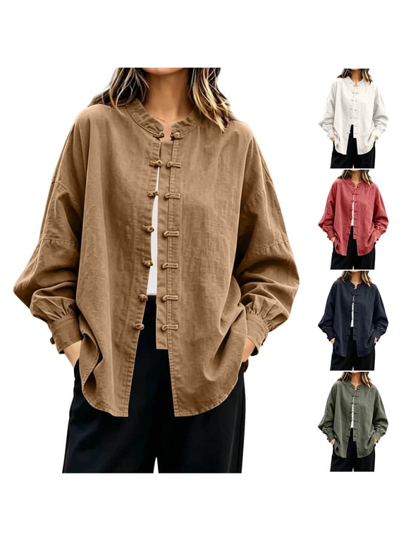 Oversized Linen Blouse for Women Mandarin Collar Frog Button Long Sleeve Top