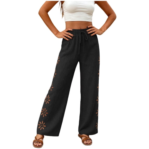 MYAOYI Pant for Women no boundarie Drawstring Wide Leg Pants with Eyelet Embroidery