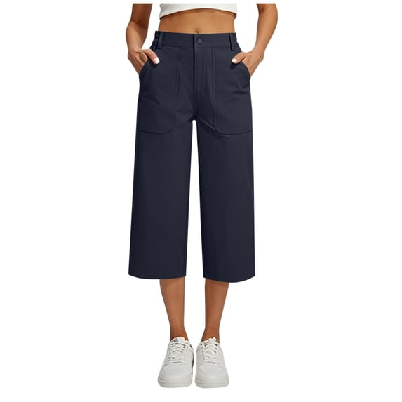 MYAOYI Pants for Women no boundarie High Waist Wide Leg Capri Button Closure Pant Elastic Waist Pockets Casual