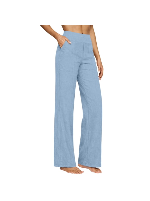 Pants for Womens Business Casual Linen Pants High Waisted Wide Leg Stretchy Office Work Trousers with Pockets