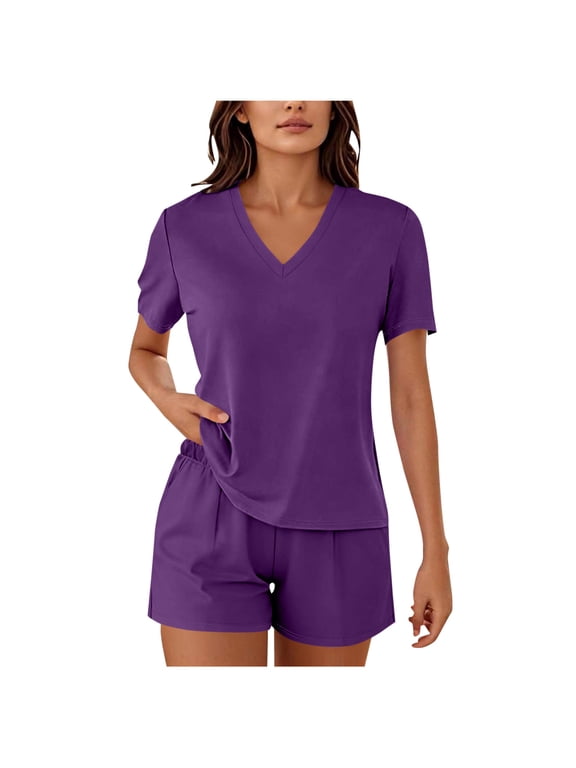 Sets for Women Casual Loungewear 2 Piece Outfits V Neck Short Sleeve T Shirt and Shorts Set with Pockets