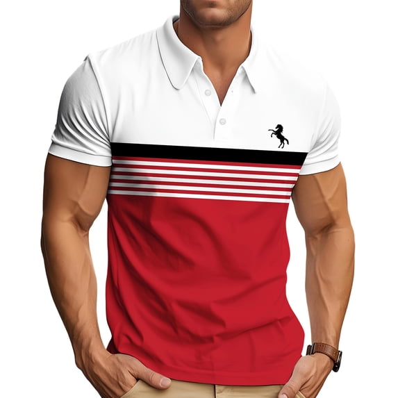 MYAOYI Shirt for Men Golf Polo Shirts with Horse Logo, Short Sleeve Color Block Striped Breathable Casual Athletic Tops