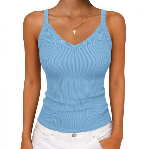 MYAOYI Tank Tops for Women Spaghetti Strap Ribbed Camisole Tops Slim Fitted V-Neck Soft Basic Layering Shirts