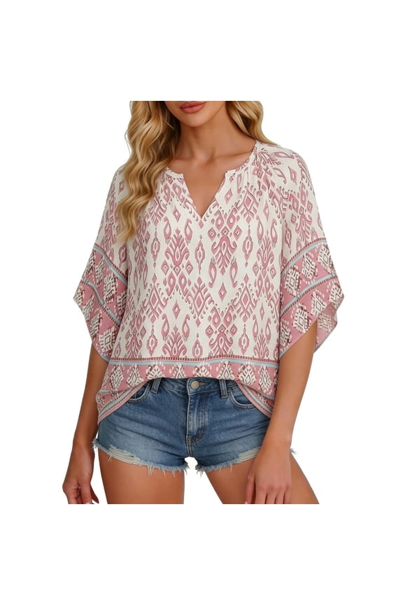 Top for Women Aztec V Neck Blouse, Batwing Sleeve Loose Casual Top