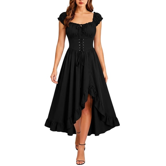 MYAOYI Victorian Pirate Dress for Women Overbust Corset High Low Ruffle Hem