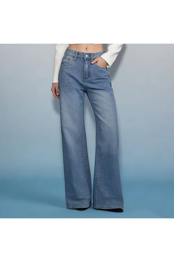Wide Leg Jeans for Woman Baggy Stretchy Loose Trendy Frayed Hem Denim Boyfriend Pants