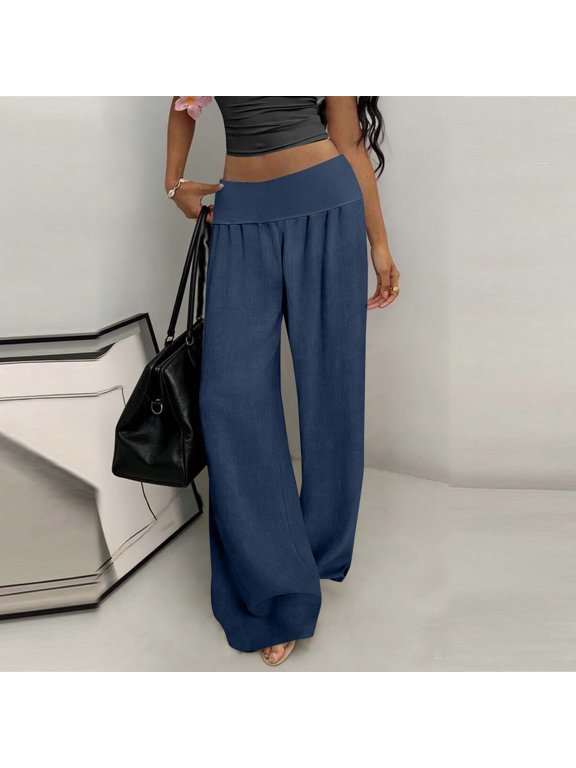 Women Pants no boundarie High Waist Linen Palazzo Pant Loose Fit Elastic Waist Trousers