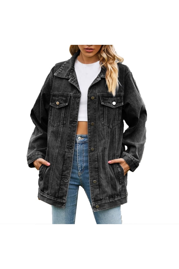 Women's Boyfriend Fit Denim Jacket Lapel Button Flap Pockets Casual Jean Coat