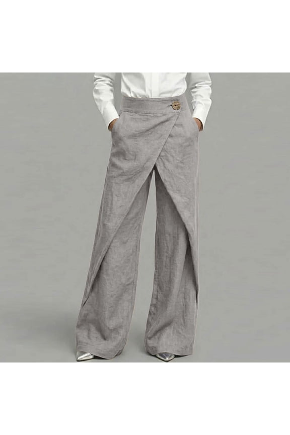 Women's Casual Linen Wide Leg Pants, Wrap Design High Waist Trousers