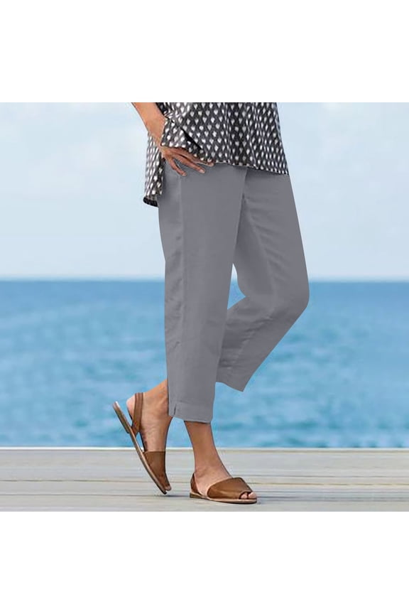 Women's Cotton Linen Cropped Pants, Loose Straight Leg Slit Hem Casual Summer Trousers for Daily Wear