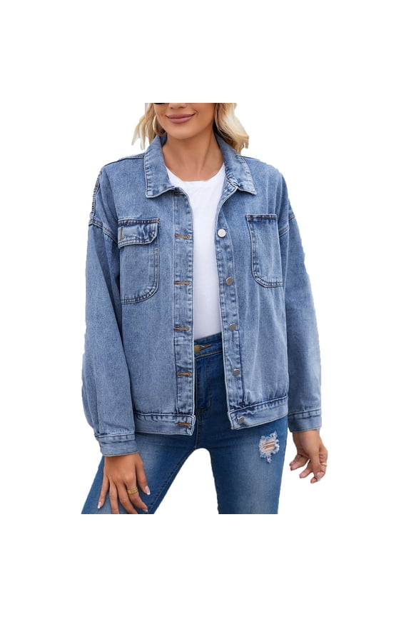 Women's Light Wash Drop Shoulder Denim Jacket Chest Flap Pockets Casual Jean Coat