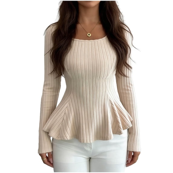 MYAOYI Women's Long Sleeve Peplum Top Ribbed Knit Square Neck Slim Fit