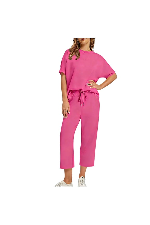 Women's Loose Fit 2 Piece Set, Batwing Top & Wide Leg Capri Pants