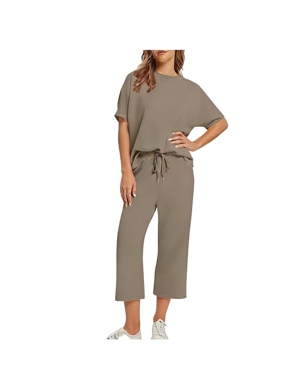 Women's Loose Fit 2 Piece Set, Batwing Top & Wide Leg Capri Pants