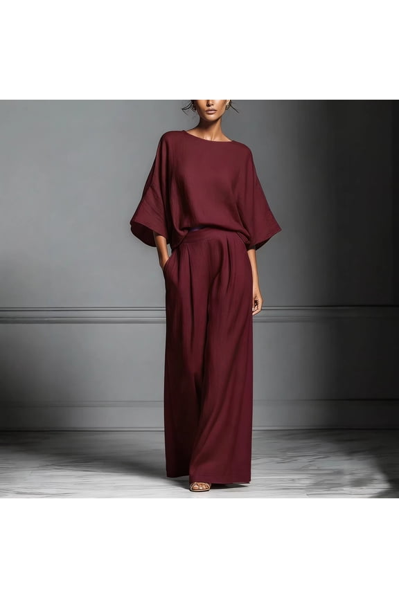 Women's Office Business Casual 2 Piece Outfits, Minimalist Batwing Sleeve Top & High Waist Pleated Wide Leg Pants Set for Women Work Daily Commute Wear