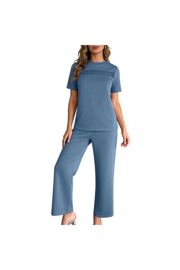 Women's Office Business Casual 2 Piece Outfits, Short Sleeve Pleated Crew Neck Top & Wide Leg Long Pants Set for Women Work Daily Commute Wear