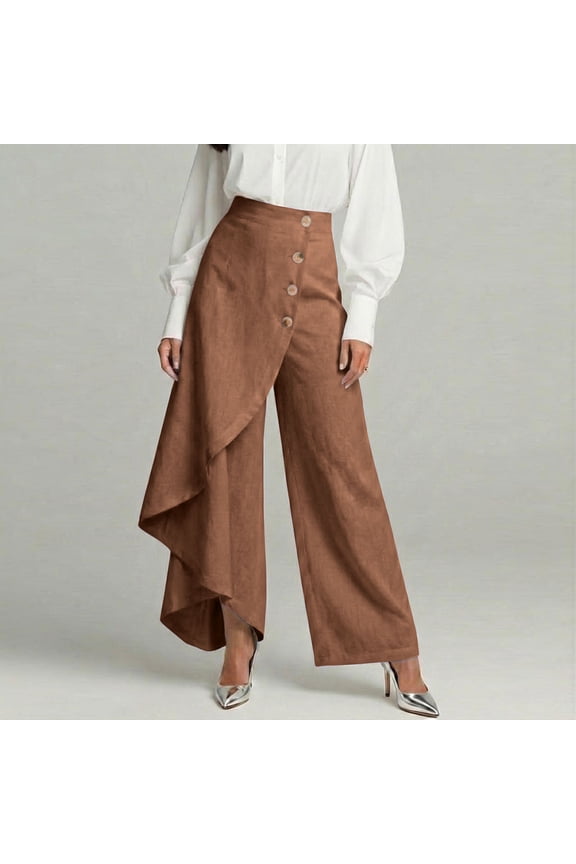 Women's Office Business Casual Linen Wrap Skirt Pants, High Waist Button Front Wide Leg Palazzo Trousers with Ruffle Overlay for Work