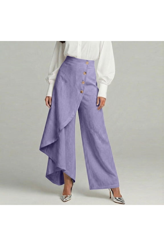 Women's Office Business Casual Linen Wrap Skirt Pants, High Waist Button Front Wide Leg Palazzo Trousers with Ruffle Overlay for Work