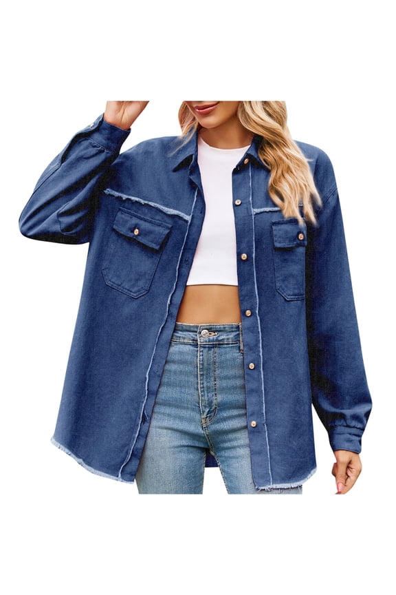 Women's Oversized Drop Shoulder Denim Shirt Jacket Chest Pockets Jean Coat