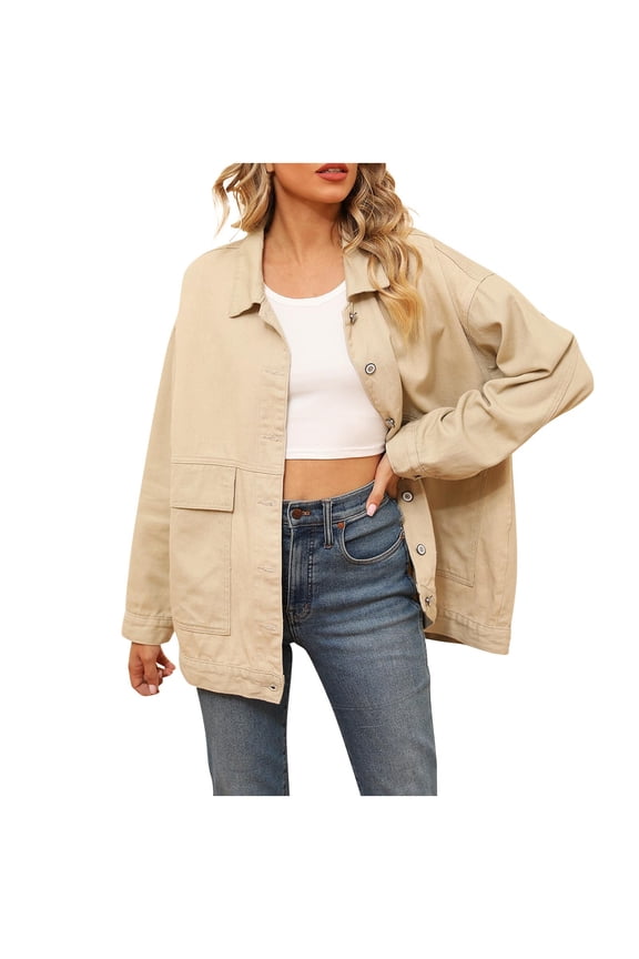 Women's Oversized Longline Utility Denim Jacket Big Patch Pockets Jean Coat