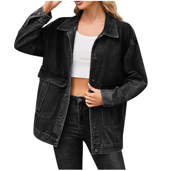 MYAOYI Women's Oversized Utility Denim Jacket Lapel Button Flap Pockets Casual Jean Coat