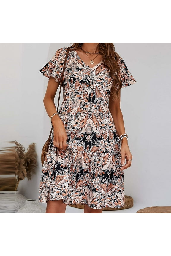 Women's Print Dresses New V-neck Ruffle Sleeves Gingham Midi Pleated Tiered Loose Fit Holiday Picnic Dresses