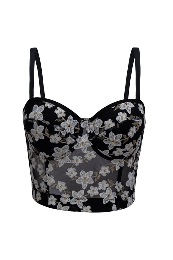 Women's Sheer Mesh Corset Top, Push Up Bustier with Adjustable Straps