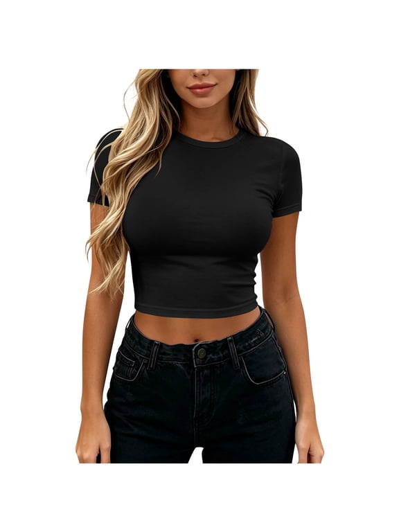 Women's Short Sleeve Crop Top Crew Neck Fitted Solid Color Casual T-Shirt