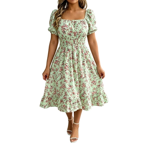 MYAOYI Women's Square Neck Floral Midi Dress Puff Sleeve Smocked Waist Summer