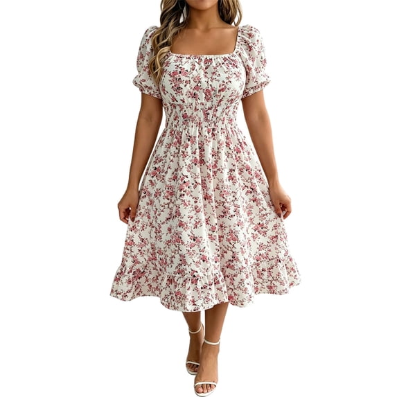 MYAOYI Women's Square Neck Floral Midi Dress Puff Sleeve Smocked Waist Summer