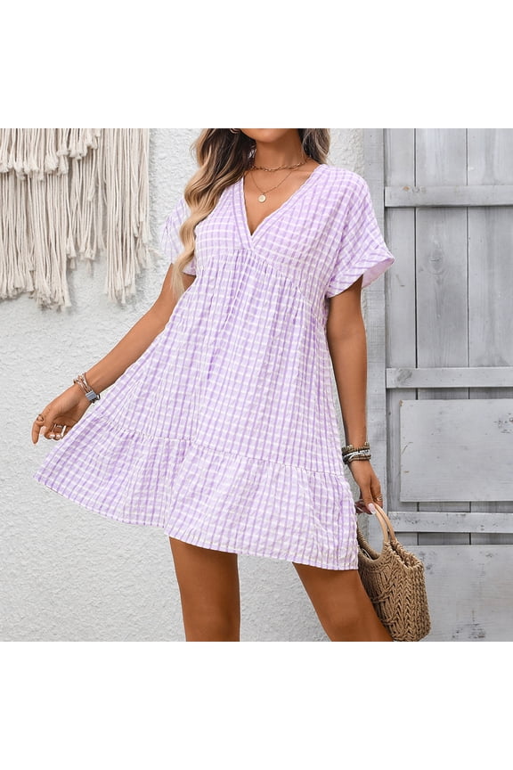 Women's Summer Beach Gingham Mini Dress, V Neck Short Sleeve Loose Flowy Dress