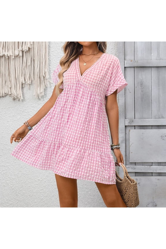 Women's Summer Beach Gingham Mini Dress, V Neck Short Sleeve Loose Flowy Dress