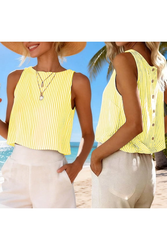 Women's Summer Casual Vertical Striped Tank Top Sleeveless Round Neck Loose Fit Blouse for Daily Wear Vacation Office Outdoor Activities