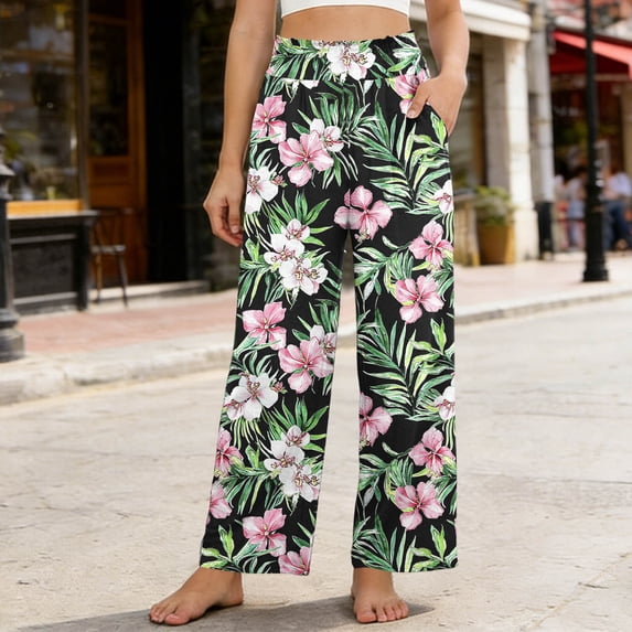 MYAOYI Women's Summer Hawaiian Floral Print Wide Leg Pants, Elastic High Waist Casual Trousers